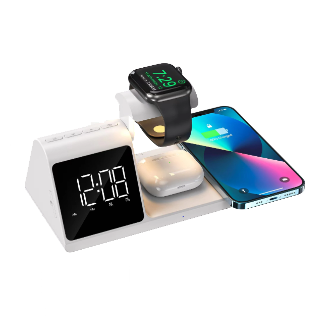 Chargeur Sans Fil Rapide 5 en 1 et Réveil avec Veilleuse RGB