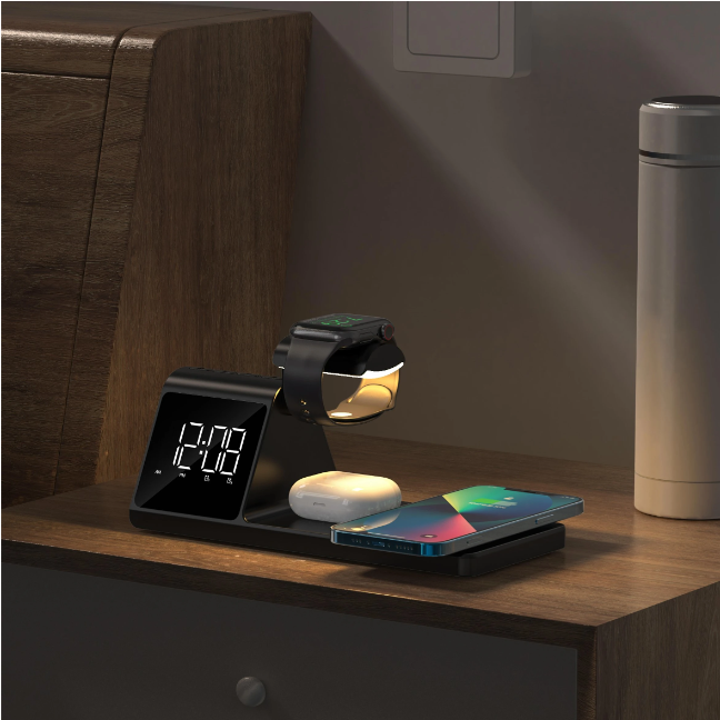 Chargeur Sans Fil Rapide 5 en 1 et Réveil avec Veilleuse RGB