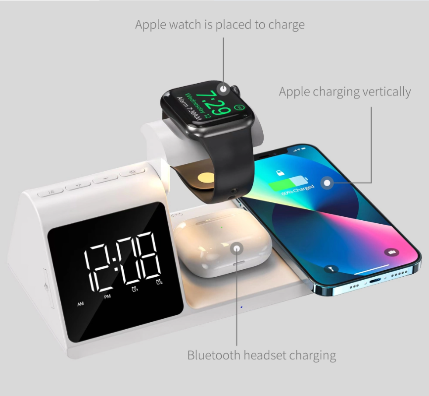 Chargeur Sans Fil Rapide 5 en 1 et Réveil avec Veilleuse RGB